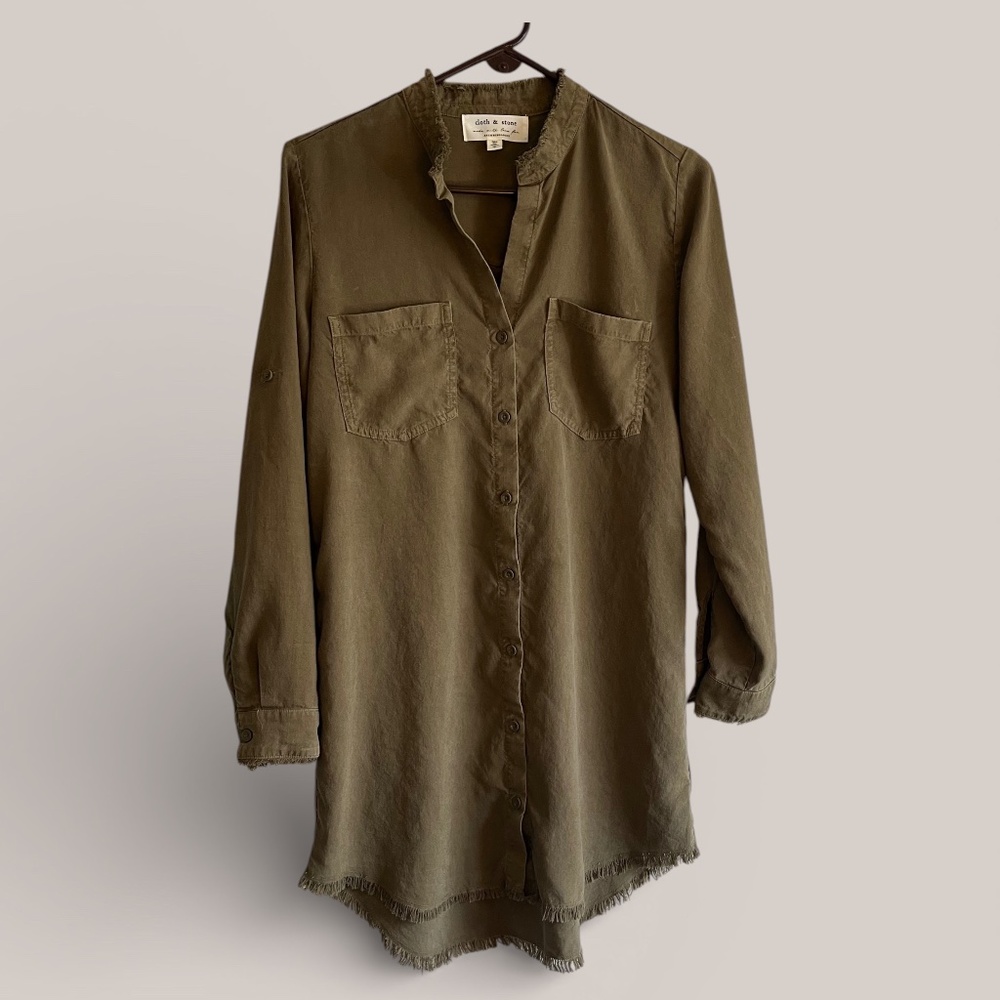 Cloth & Stone Army Green Long Sleeve Fringed Tunic Dress Size Small
